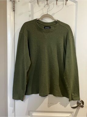 Bonobos Waffle Knit Crew Neck 100% Cotton Long Sleeve Shirt Olive Green SZ XL